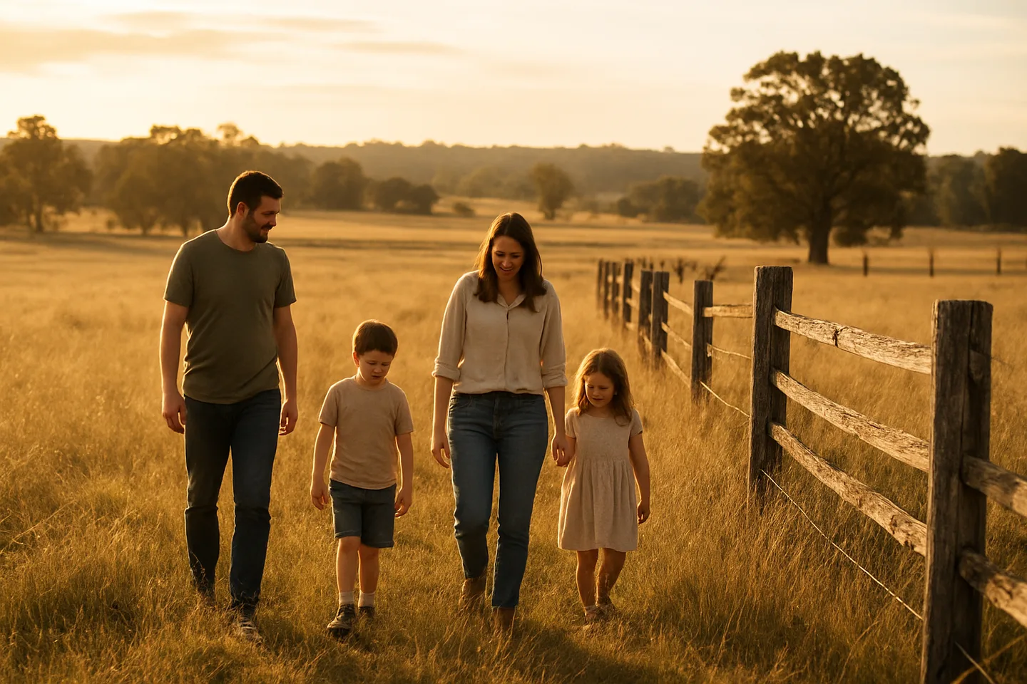 Family walking along inherited rural property in Nevada