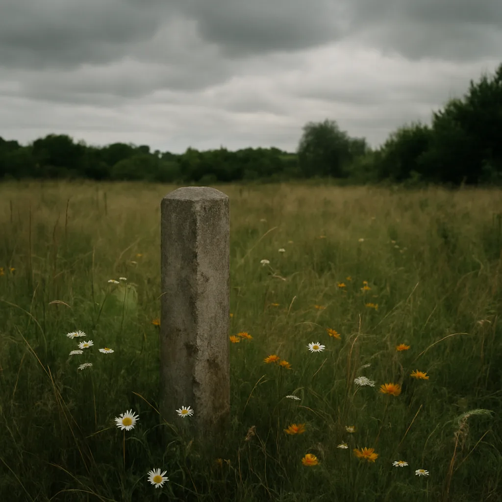 Overgrown vacant land parcel with boundary marker