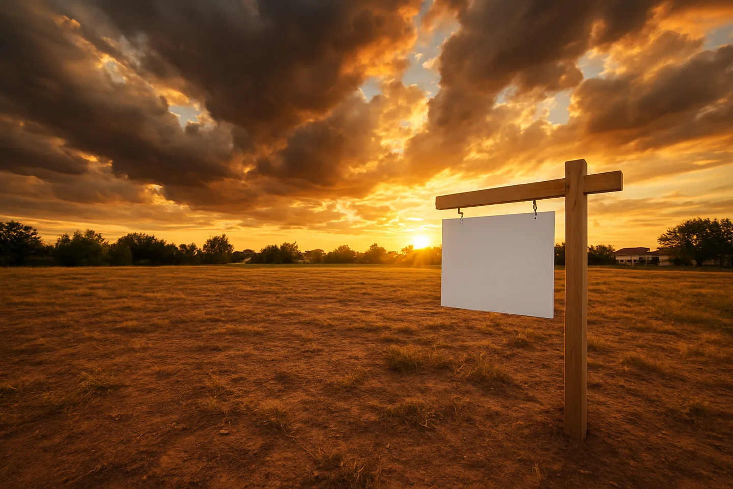 Vacant land parcel with real estate sign at golden hour