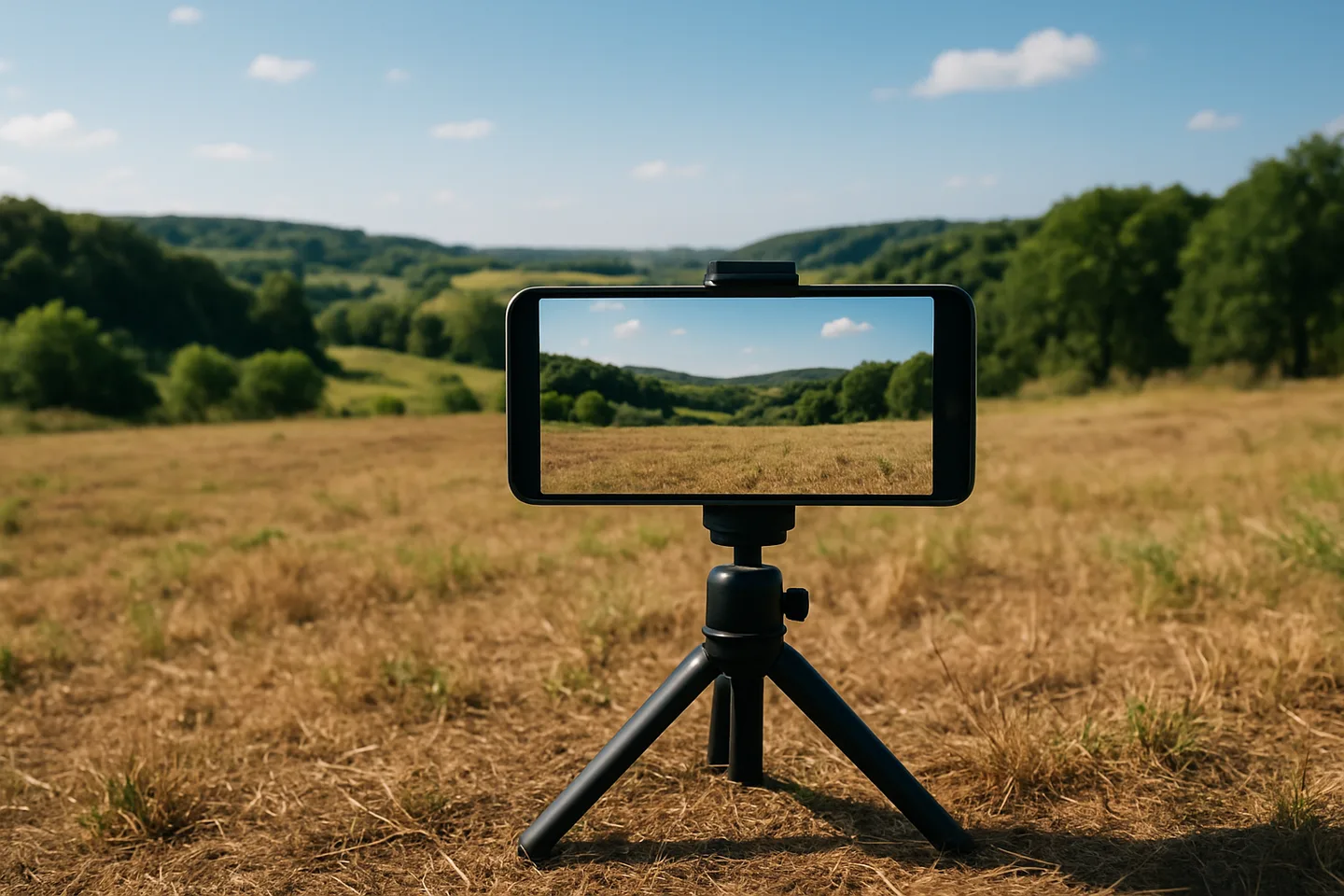 Smartphone on tripod photographing a vacant land parcel