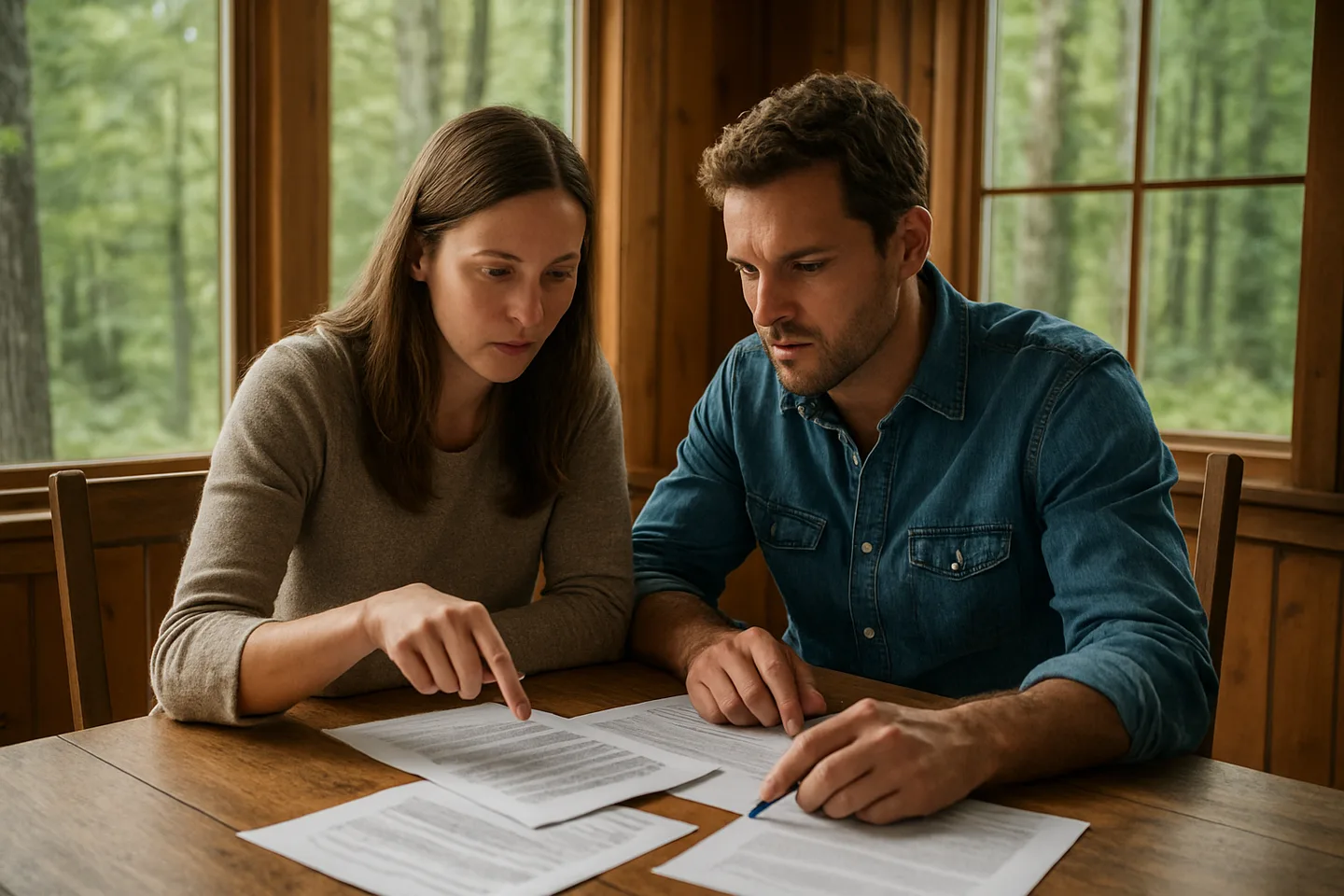 Two people reviewing land sale documents without a realtor