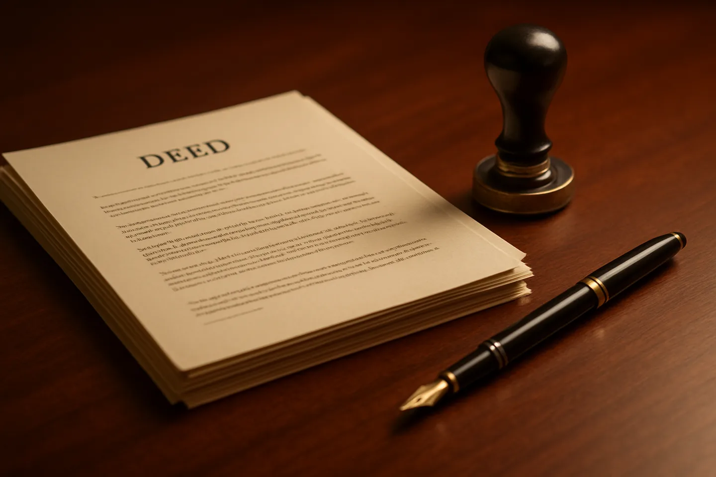 Legal land deed with notary stamp and fountain pen on desk