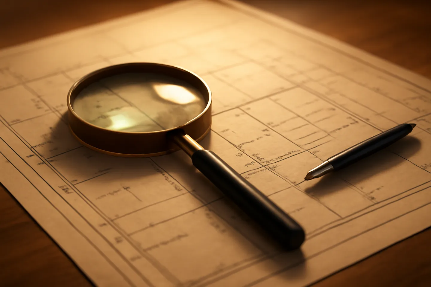 Property survey map and magnifying glass on a table