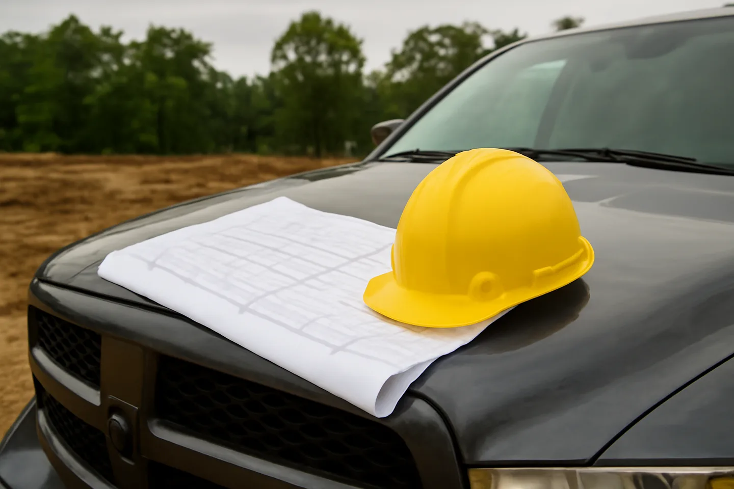 Blueprints and hard hat on a truck hood at a construction site