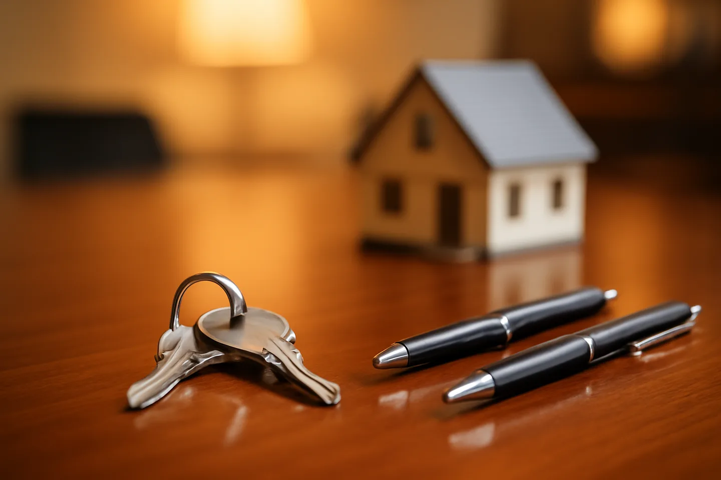 Property closing table with signed documents and keys from above