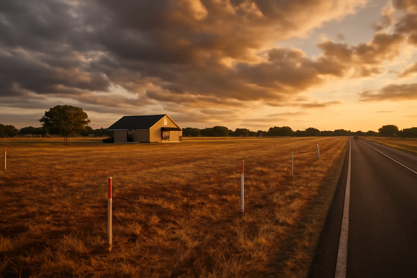 Rural property with survey stakes along a county road