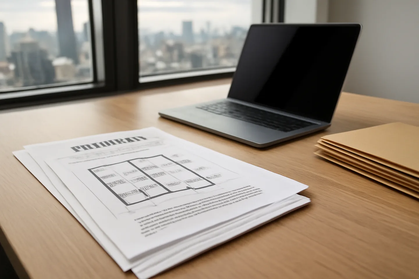 Professional office with property documents and city view