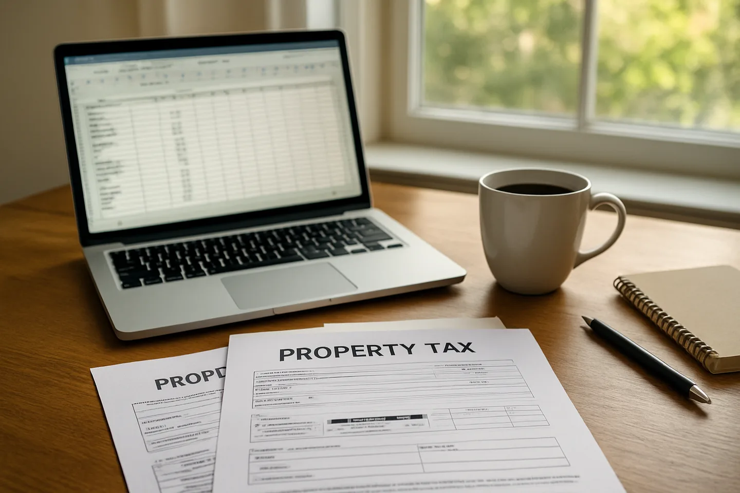 Property tax documents and spreadsheet on desk
